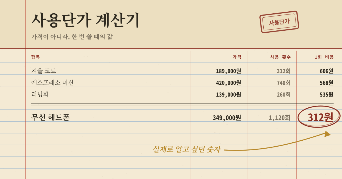 사용단가 계산기 — 구매 가격과 예상 사용 기간으로 하루·1회 사용 비용을 계산 (로컬·PWA)