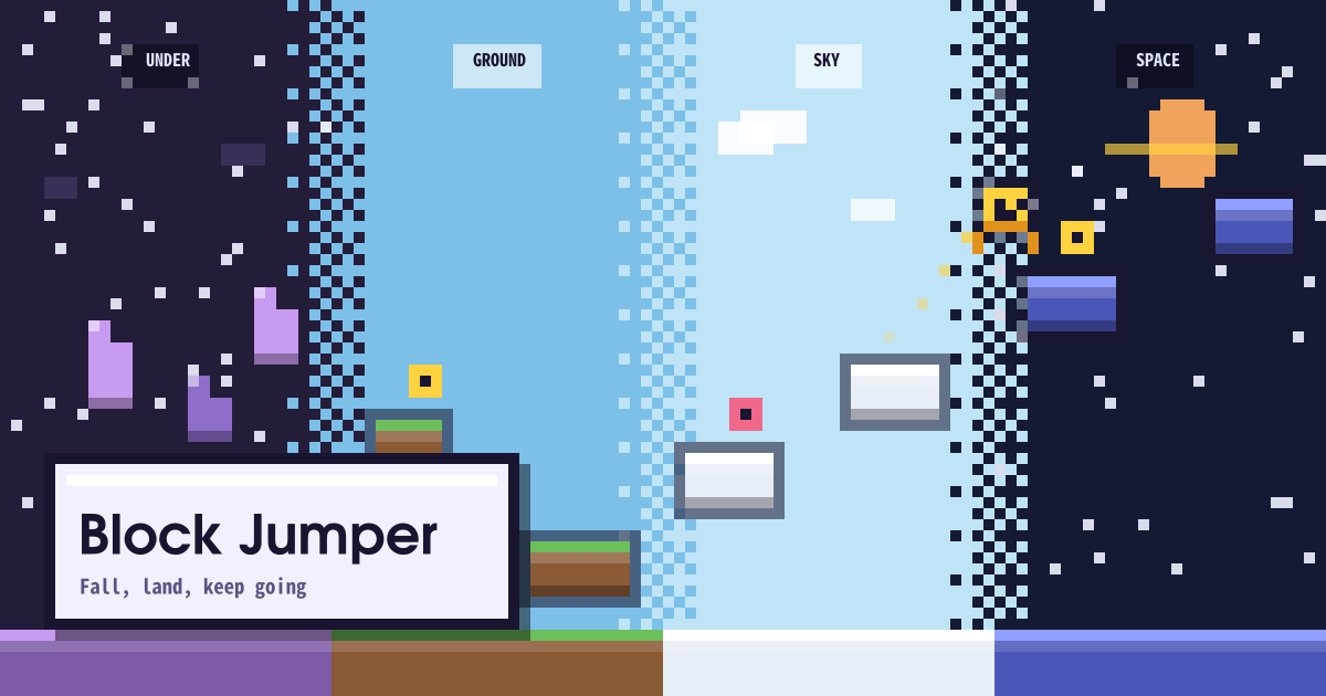 Block Jumper — A side-scrolling platformer where you jump across blocks — 4 themes (underground/ground/sky/space) with fall-recovery mechanic