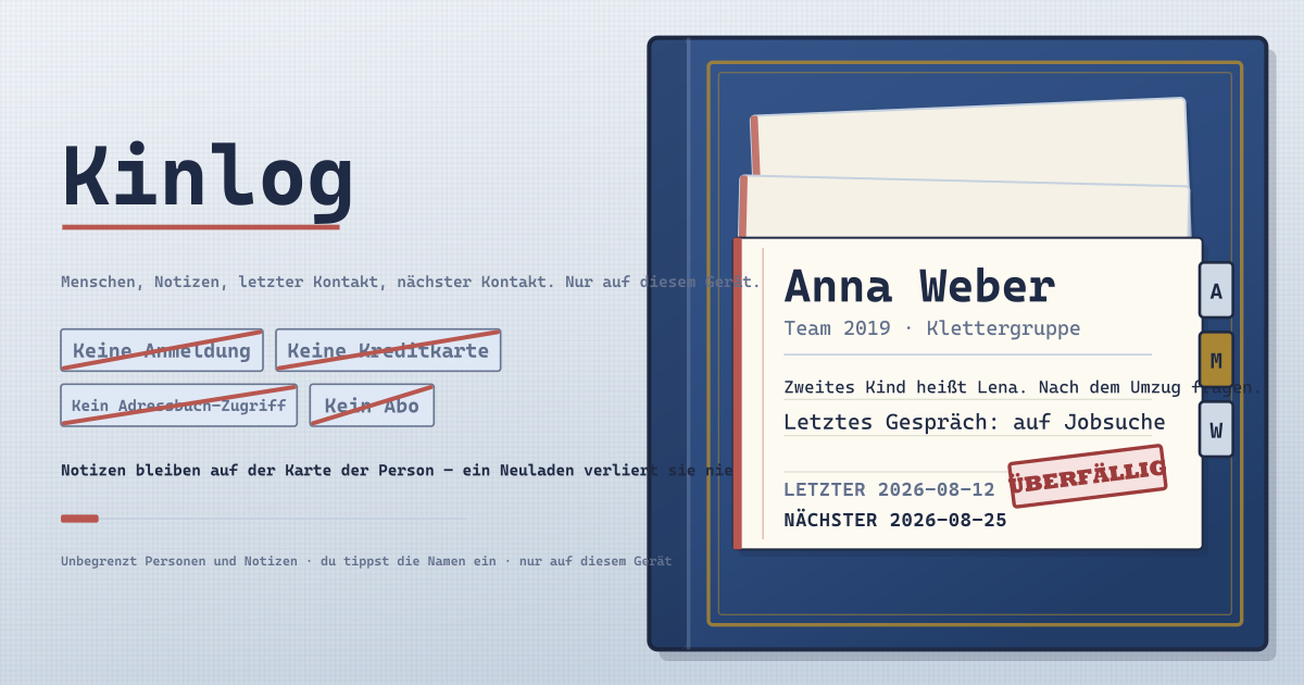Kinlog — Menschen, Notizen, letzter Kontakt, nächster Kontakt — keine Anmeldung, keine Kreditkarte, nur dieses Gerät (lokale PWA)