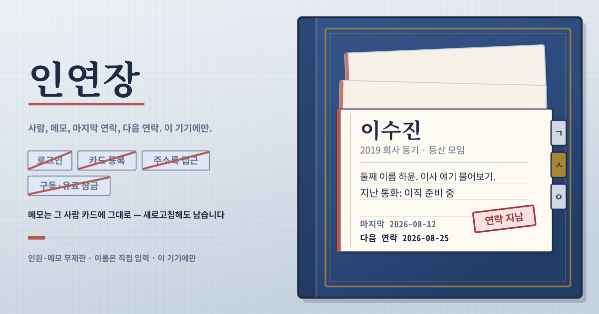 인연장 — 사람, 메모, 마지막 연락, 다음 연락 — 로그인도 카드 등록도 없이 이 기기에만 (로컬·PWA)