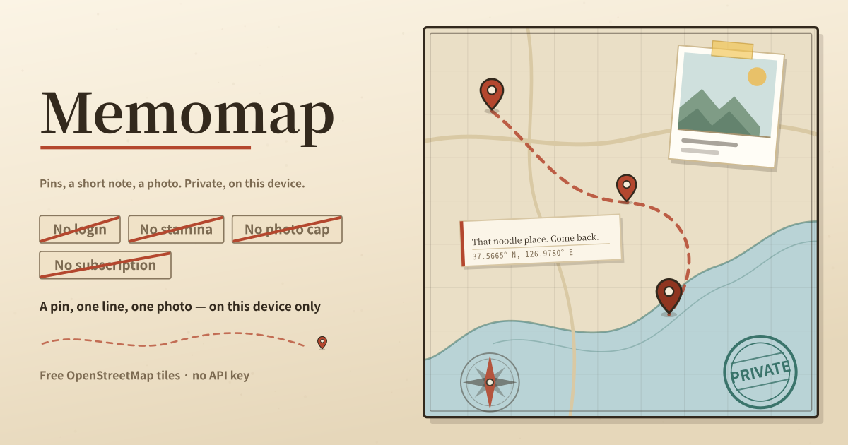 Memomap — A pin, one line, one photo for every place you have been — no login, this device only (local PWA)