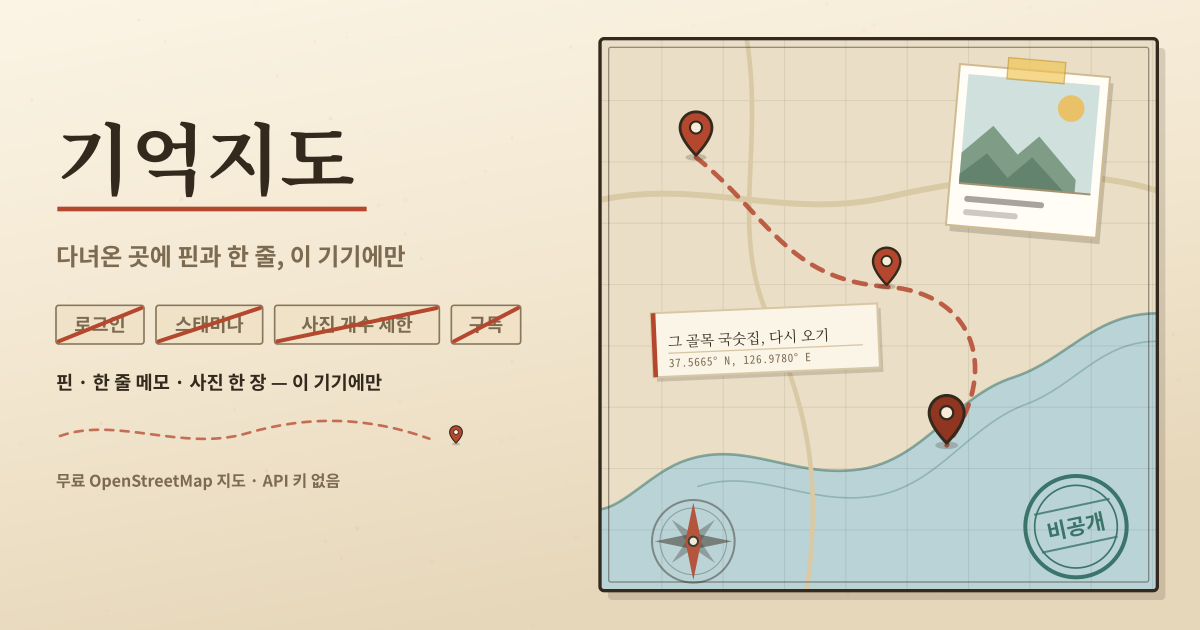 기억지도 — 다녀온 곳에 핀과 한 줄, 사진 한 장 — 로그인 없이 이 기기에만 (로컬·PWA)