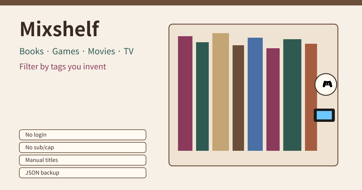 Mixshelf — Books, games, movies and TV on one shelf — custom tags and filters, no login or sub (local PWA)