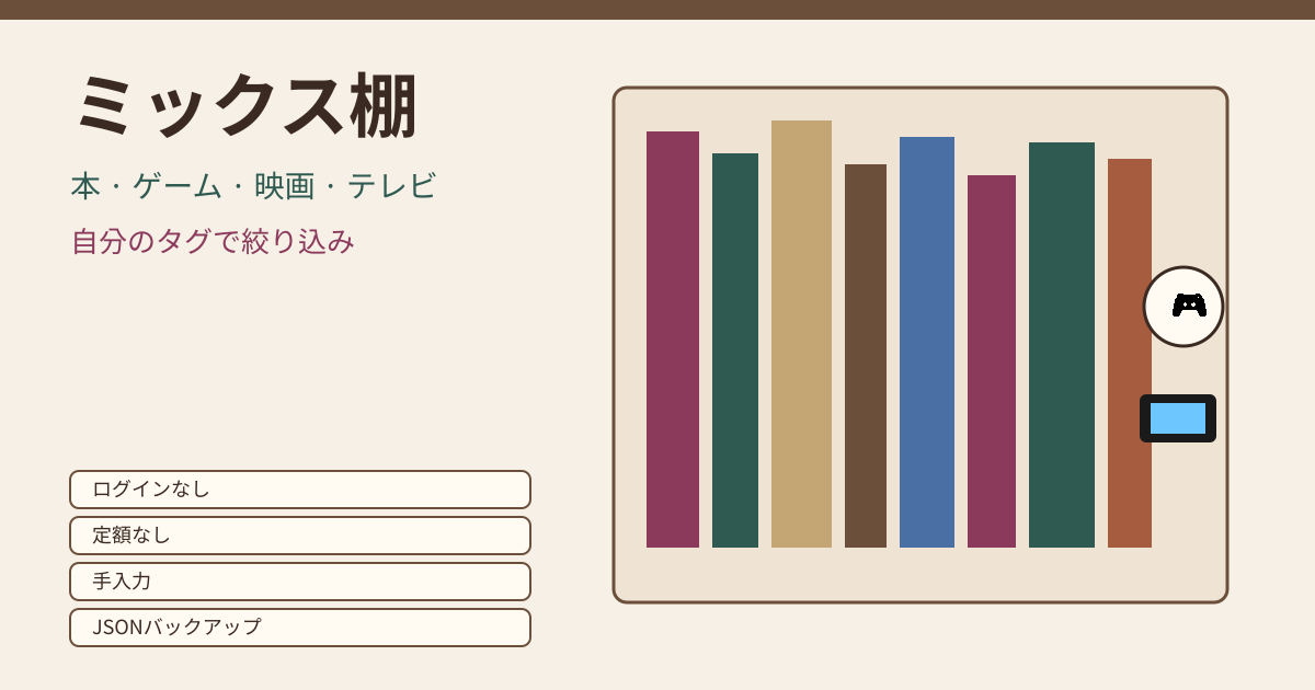 ミックス棚 — 本・ゲーム・映画・テレビを一つの棚に — 自由タグと絞り込み、ログイン・定額なし(ローカル・PWA)