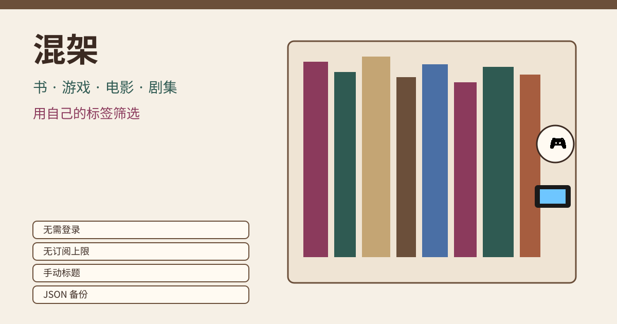 混合书架 — 把书、游戏、电影、剧集放在同一个架子上，用自己定的标签筛选 — 无需登录，没有分类上限，只在这台设备，JSON 备份（本地 PWA）