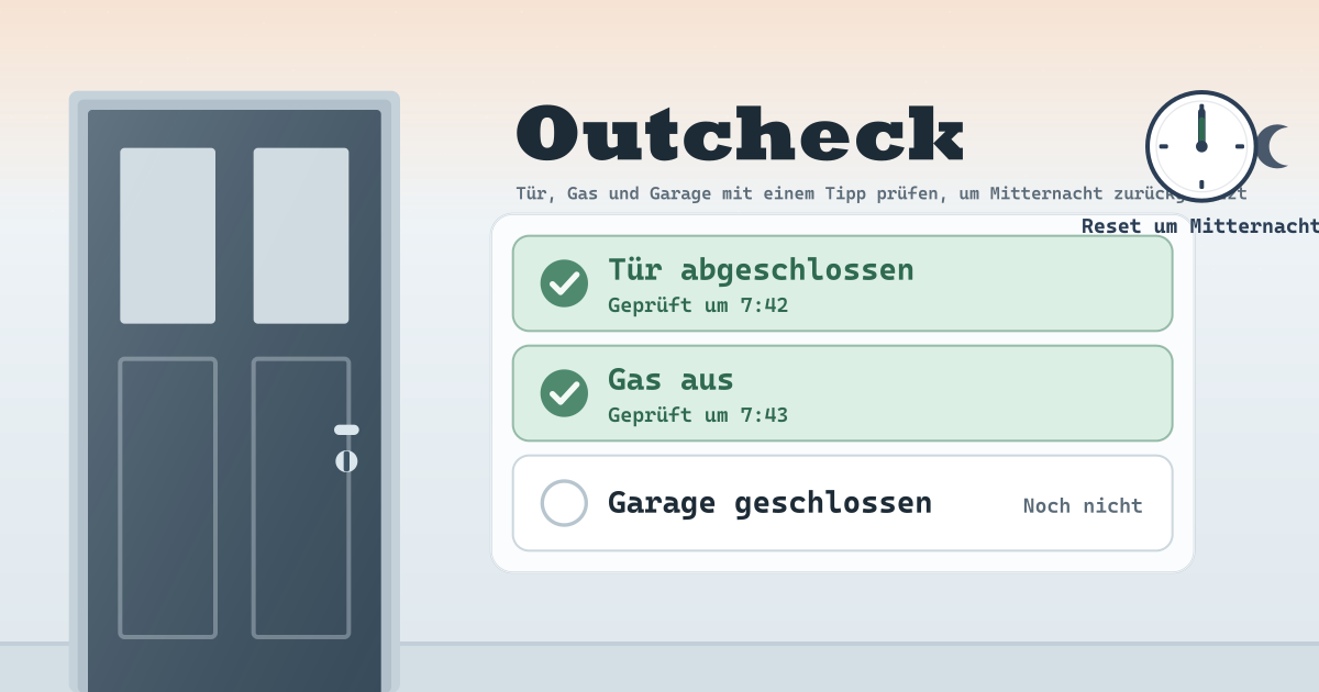 Outcheck — Tür, Gas und Garage mit einem Tipp prüfen, um Mitternacht zurückgesetzt — kein Konto, keine Werbung (lokale PWA)