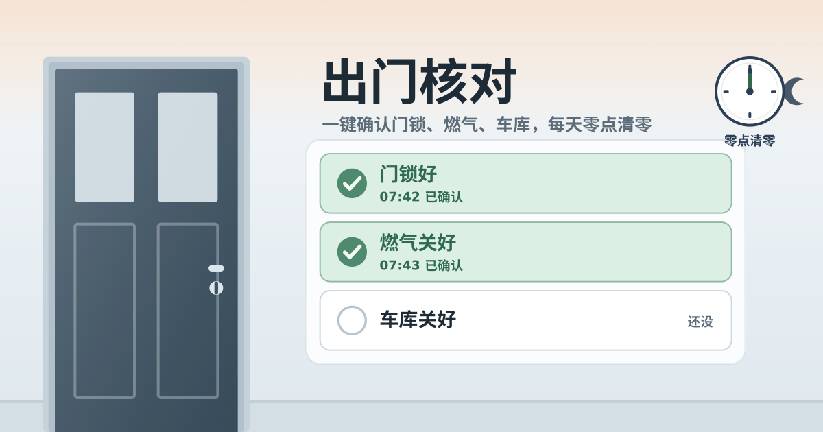 出门核对 — 门锁·燃气·车库一点即确认，零点自动清零 — 无账号、无广告（本地 PWA）
