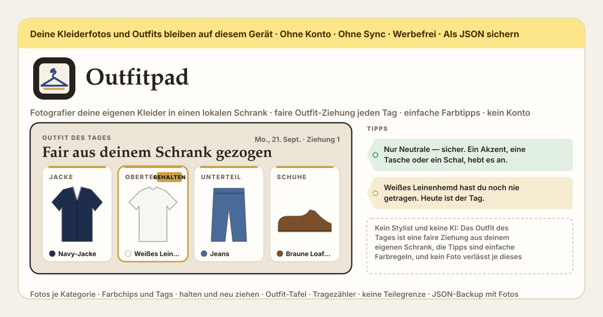 Outfitpad — Eine kostenlose, vollständig lokale Kleiderschrank-App für alle, die keine Ahnung haben, was sie anziehen sollen — fotografier deine eigenen Kleider mit der Kamera oder füg Dateien in Oberteile, Unterteile, Jacken, Kleider, Schuhe, Taschen und Accessoires ein (mehrere auf einmal, jedes Foto wird auf dem Gerät verkleinert, bevor es gespeichert wird), gib jedem Teil einen Farbchip (Schwarz, Weiß, Grau, Navy, Jeansblau, Beige und Braun sind die Neutralen; Blau, Grün, Rot, Rosa, Orange, Gelb, Lila; gemustert) sowie einen freiwilligen Namen und Tags (lässig, Arbeit, Date, Sport, festlich, warme Tage, kalte Tage, Regentage und eigene), und das Outfit des Tages wird mit Datum und Zahl der Neuziehungen als Startwert fair aus deinem Schrank gezogen (jedes Teil in einem Slot hat dieselbe Chance, keine Punkte, keine Rangfolge) — Oberteil und Unterteil oder ein Kleid, Schuhe und, wenn du willst, Jacke, Tasche oder Accessoire —, „Halten“ für die Teile, die dir gefallen, und „Neu ziehen“ für den Rest, die Ziehung mit einem Anlass-Tag eingrenzen (die Teile mit dem Tag, sonst die ohne Tag, sonst alle), und die ehrlichen Tipps unter der Kombination lesen, einfache Farbregeln und kein Stylist (drei oder mehr Farben neben den Neutralen sind viel, nur Neutrale sind sicher, also ein Akzent, ein Akzent ist die einfachste Kombination überhaupt, bei zwei Farben bleibt der Rest neutral, zwei Muster beißen sich, Schwarz und Navy nur eines davon, Schuhe passend zur Tasche sind ein Klassiker, ein nach 14 Tagen noch nie oder seit 30 Tagen nicht getragenes Teil bekommt einen Schubs, eine fehlende Kategorie wird genannt), „Als Outfit speichern“ und eine Outfit-Tafel, auf der du von Hand aus einer Reihe je Kategorie zusammenstellst, „Heute getragen“ mit Tragezähler und Datum des letzten Tragens an jedem Teil und Outfit, JSON-Backup und -Wiederherstellung mit den Fotos darin, keine Teilegrenze, kein Konto, kein Server, kein Sync, keine Werbung auf der Tool-Oberfläche, keine In-App-Käufe, keine KI, keine Update-Sperre (lokale PWA)