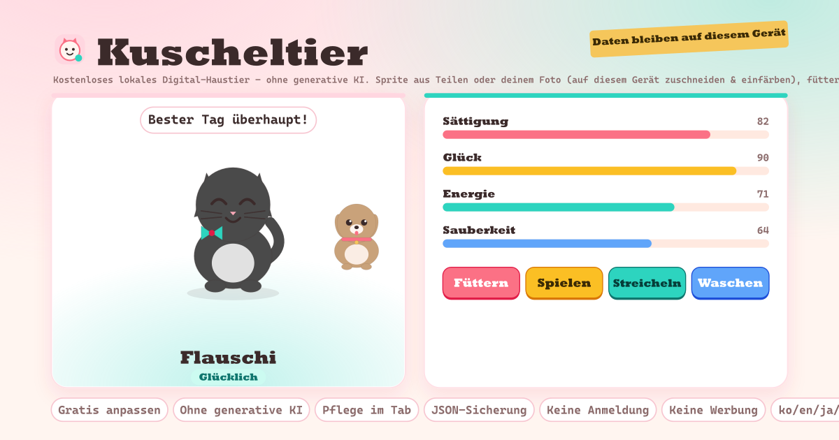 Kuscheltier — Kostenloses lokales Digital-Haustier ohne generative KI — Sprite aus Teilen (Ohren, Augen, Körper, Schwanz, Accessoire) und Farben für Hund / Katze / Hase / Vogel / Fuchs oder dein eigenes Foto, auf diesem Gerät zugeschnitten und eingefärbt, benennen, füttern / spielen / streicheln / waschen anhand sichtbarer Balken für Sättigung, Glück, Energie und Sauberkeit, jede Anpassung kostenlos, keine Token, JSON-Sicherung, kein Konto, keine Werbung (lokale PWA)