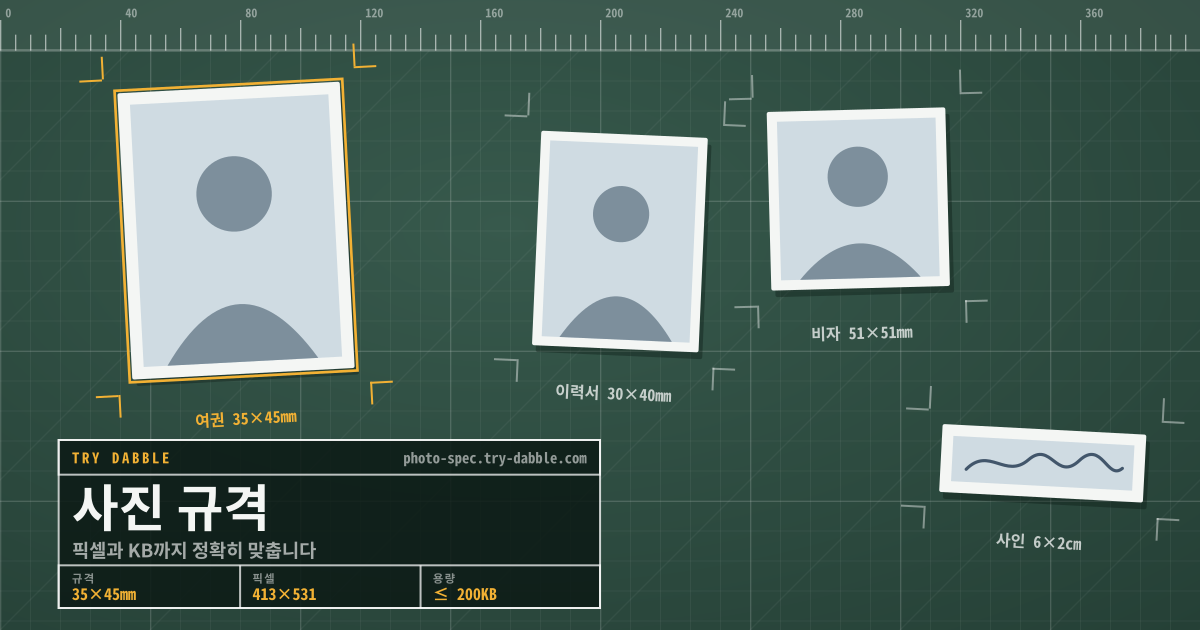 사진 규격 — 시험·비자·이력서 업로드용 사진·사인을 픽셀과 KB에 맞춥니다 (로컬·PWA)
