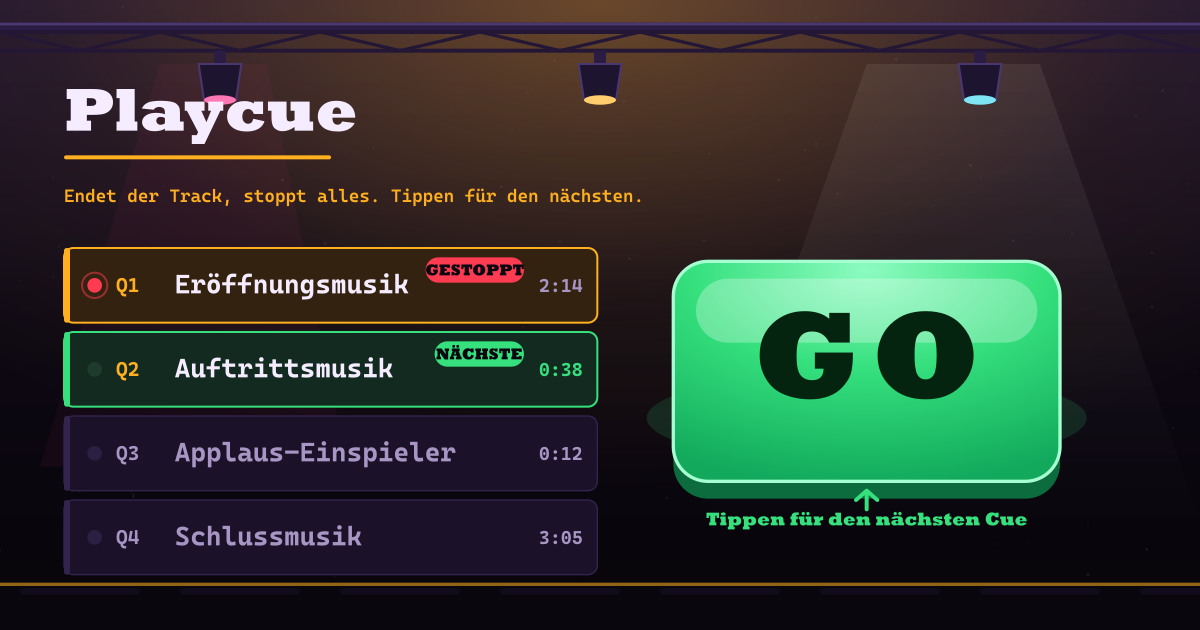 Playcue — Eine Cue-Liste, die am Ende jedes Tracks stoppt — antippen für den nächsten (lokale PWA)