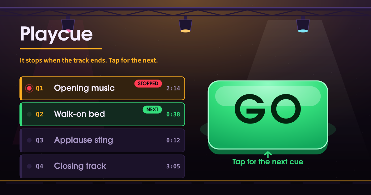 Playcue — A cue list that stops at the end of each track — tap for the next (local PWA)