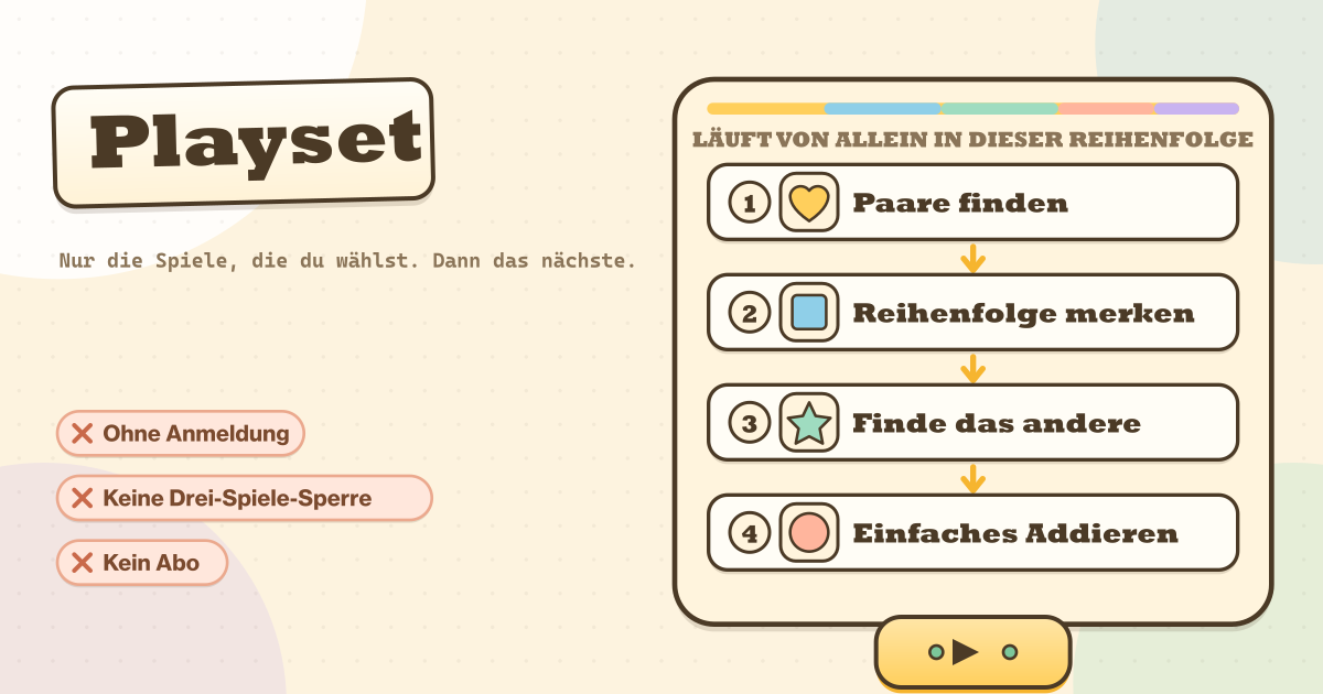 Playset — Wähle die Spiele; das nächste startet von allein (lokale PWA)