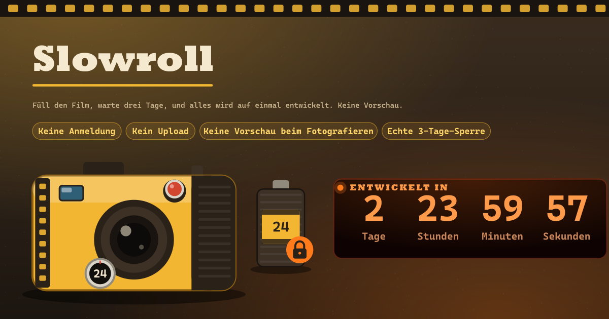 Slowroll — Eine Einweg-Filmkamera — füll den Film, er wird nach 3 Tagen auf einmal entwickelt, keine Vorschau (lokale PWA)