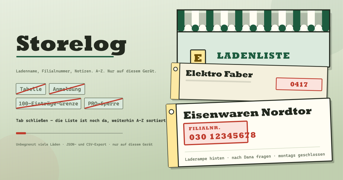 Storelog — Ladenname, Filialnummer, Notizen — automatisch A–Z und ein Suchfeld, keine Anmeldung und keine 100-Einträge-Grenze, nur auf diesem Gerät (lokale PWA)