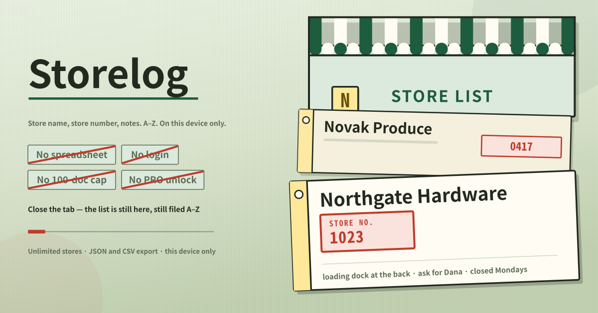 Storelog — Store name, store number, notes — auto A–Z and one search box, no login and no 100-record lock, this device only (local PWA)
