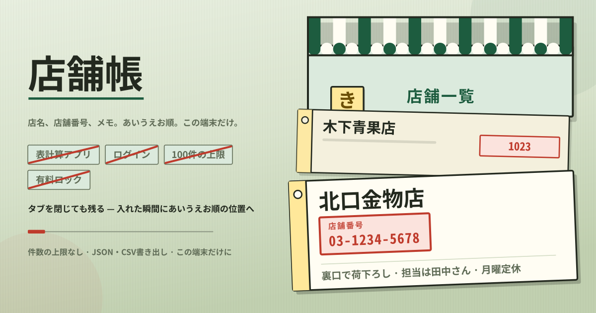店舗帳 — 店名、店舗番号、メモ — あいうえお順の自動並べ替えと一括検索、ログインも100件の上限もなくこの端末だけに(ローカル・PWA)