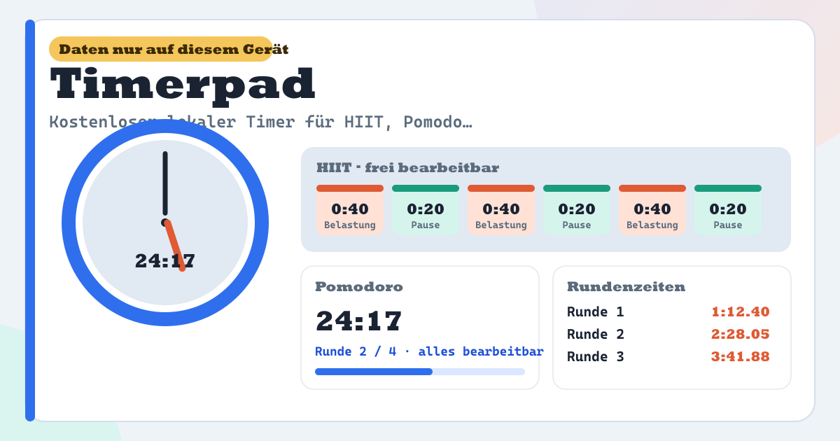Timerpad — Kostenloses lokales HIIT + Pomodoro + Stoppuhr — Countdown, bearbeitbare Pomodoro-Runden, HIIT- und Tabata-Intervalle, Rundenzeiten, gespeicherte Routinen, Vollbild und Bildschirm an, kurze Signaltöne, driftkorrigierte Zeit, JSON-Backup, kein Konto, kein Abo, keine Werbung (lokale PWA)