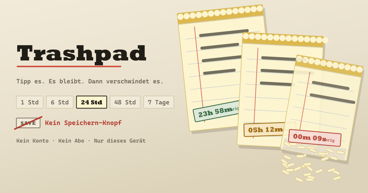 Trashpad — Notizen ohne Speichern-Knopf — 24 Std. nach der letzten Änderung automatisch gelöscht (lokale PWA)