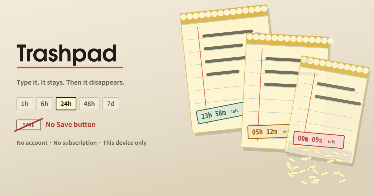 Trashpad — Notes with no Save button — auto-deleted 24h after the last edit (local PWA)
