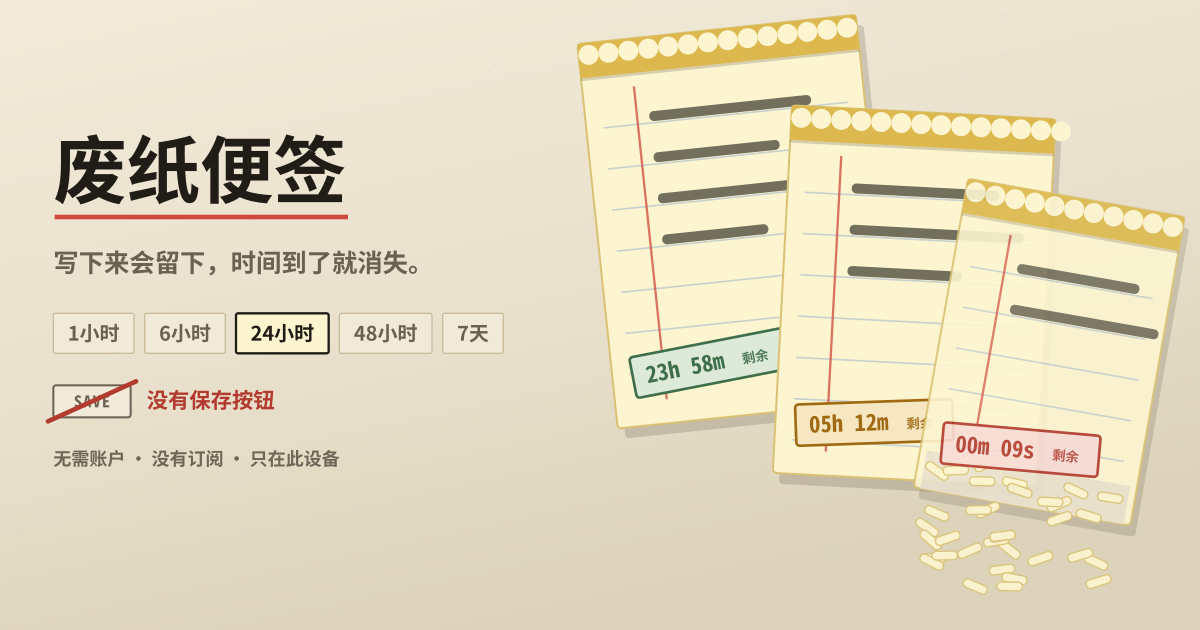 废纸便签 — 没有保存按钮的便签 — 最后一次修改 24 小时后自动删除（本地 PWA）